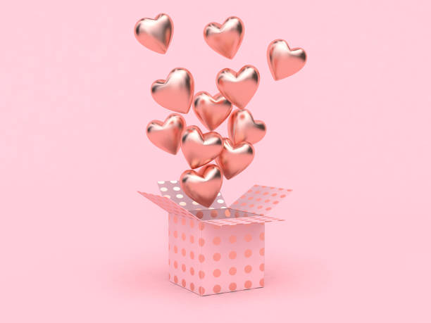 coeur de ballon ouvert boîte cadeau flottant fond rose amour saint valentin concept 3d rendering - gift box three dimensional shape box blank photos et images de collection