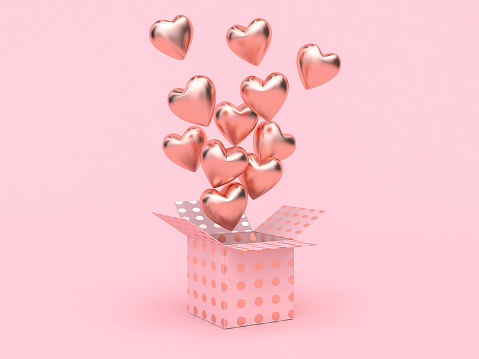 gift box open balloon heart floating pink background love valentine concept 3d rendering