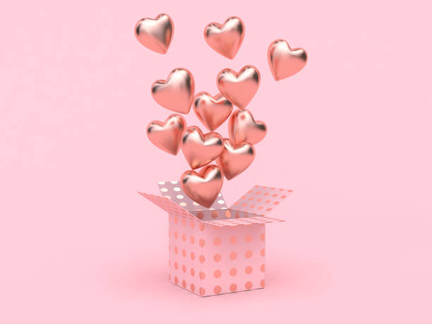 pudełko prezent otwarte balon serce pływające różowe tło miłość valentine koncepcji renderowania 3d - gift box three dimensional shape box blank zdjęcia i obrazy z banku zdjęć