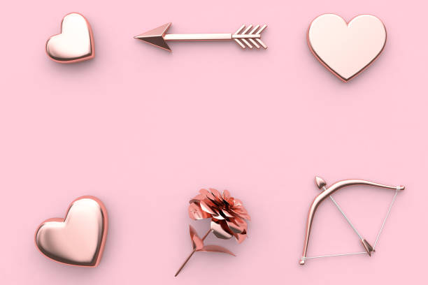 istock pink background valentine concept 3d rendering abstract metallic heart flower bow and arrow 943092368