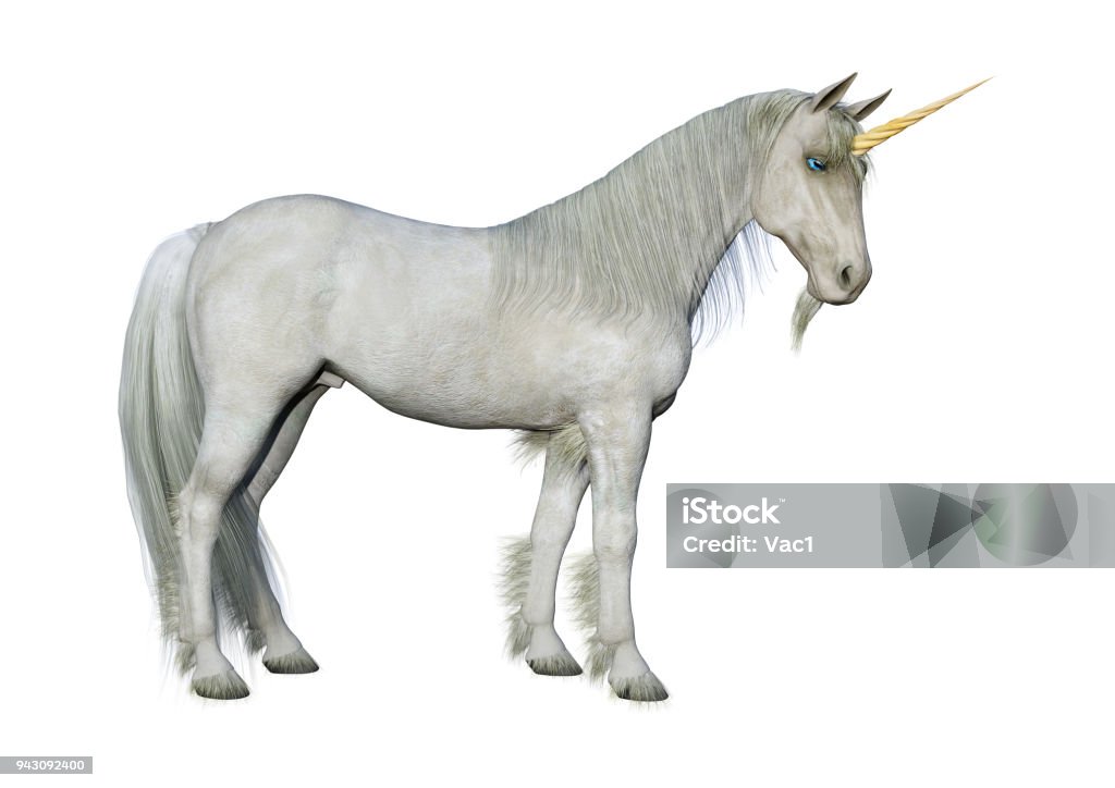 Unicornio de cuento de hadas blanca Render 3D sobre blanco - Foto de stock de Unicornio libre de derechos