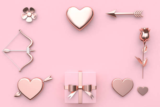 abstract metallic valentine concept 3d rendering flower heart arrow bow gift box rose pink background
