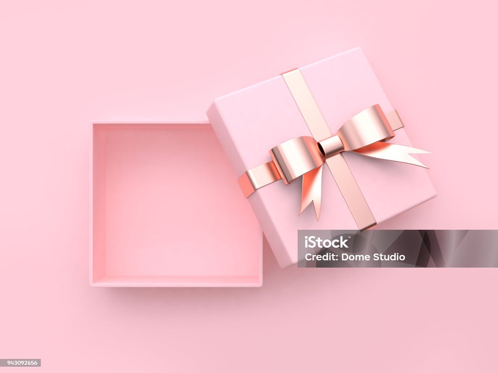 pink square gift box open metallic bow-ribbon valentine concept 3d rendering Gift Box Stock Photo