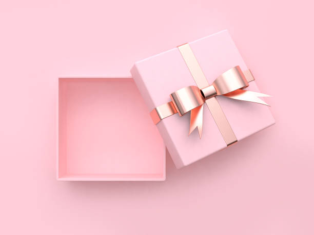różowy kwadratowy prezent box otwarte metalowe łuk wstążki valentine koncepcji renderowania 3d - gift pink box gift box zdjęcia i obrazy z banku zdjęć
