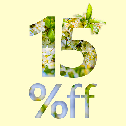 15% off discount. The concept of spring sale, stylish poster, banner, promotion, ads.
