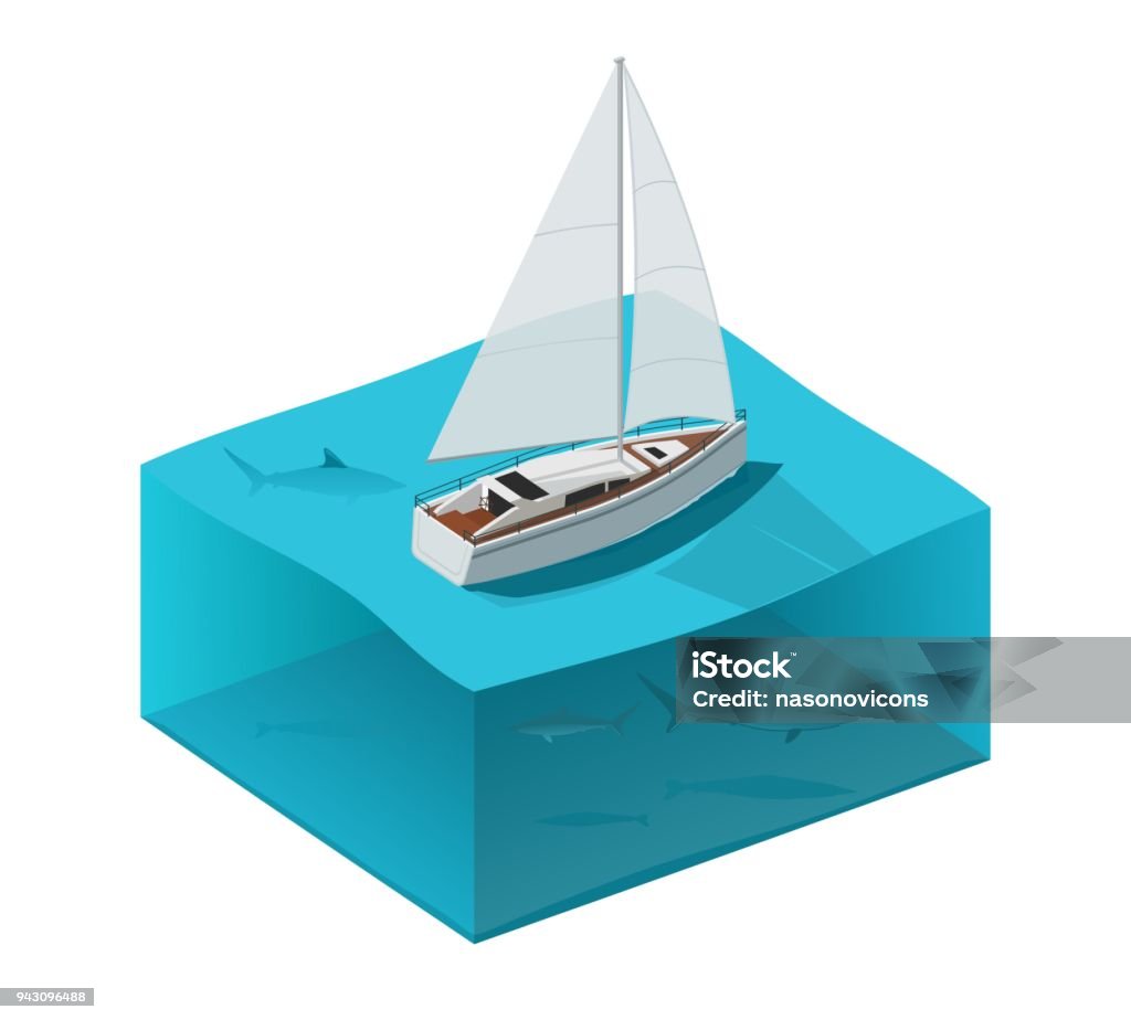 Yacht in the ocean with sharks. Isometric vector illustration Isometric Projection stock vector