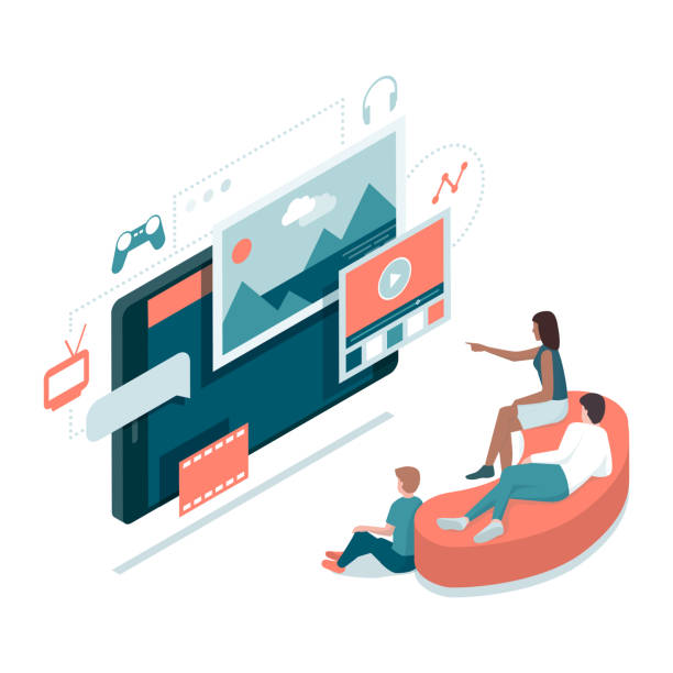 Home entertainment and smart tv Happy family watching films and playing together online: home entertainment, smart tv and technology concept smart tv stock illustrations