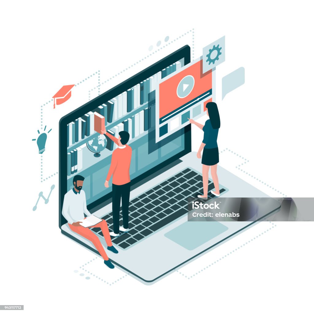 Online library and knowledge People accessing knowledge online on a virtual library on a laptop, education and e-learning concept Library stock vector