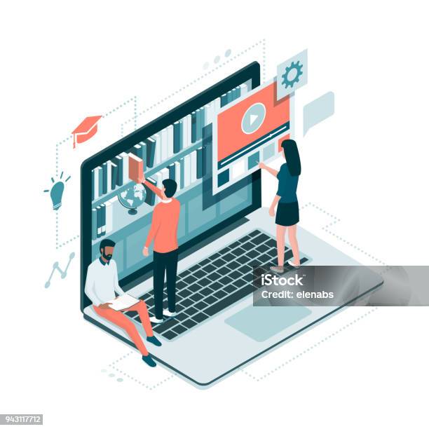 Online Library And Knowledge Stock Illustration - Download Image Now - Library, Technology, Internet