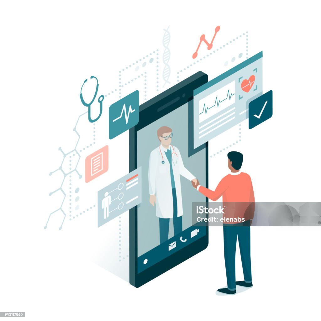 Online medical consultation Patient meeting a professional doctor online on a smartphone and shaking hands, online medical consultation concept Healthcare And Medicine stock vector