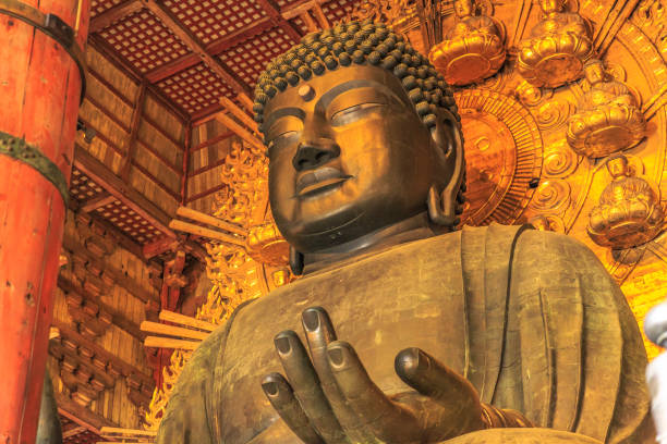 Daibutsu Todai-ji Nara Nara, Japan - April 26, 2017: Details of Great Buddha or Daibutsu, the world's largest bronze statue of Buddha Vairocana. Todai-ji a Buddhist Temple in Nara, Japan. nsra stock pictures, royalty-free photos & images