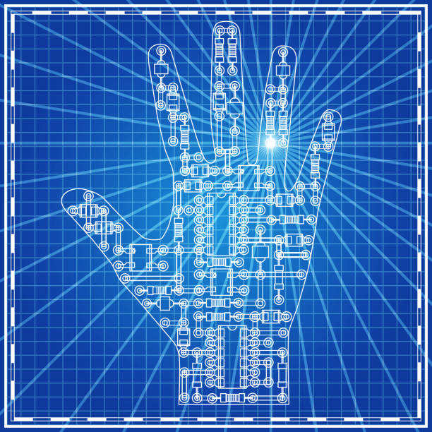 электронная схема в виде рук на синем фоне. - blueprint electrical component engineer plan stock illustrations
