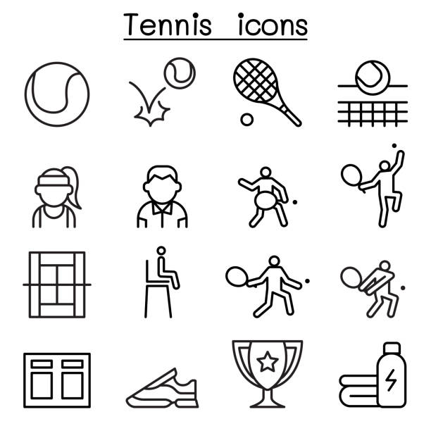 ilustrações de stock, clip art, desenhos animados e ícones de tennis icon set in thin line style - tennis court tennis racket forehand