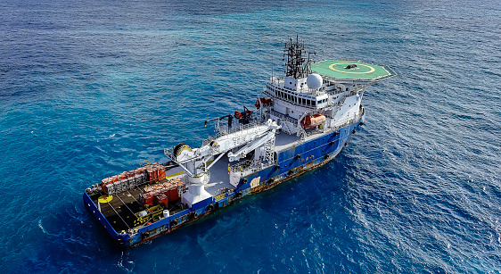 Survey boat bird view in Malaysia oil field