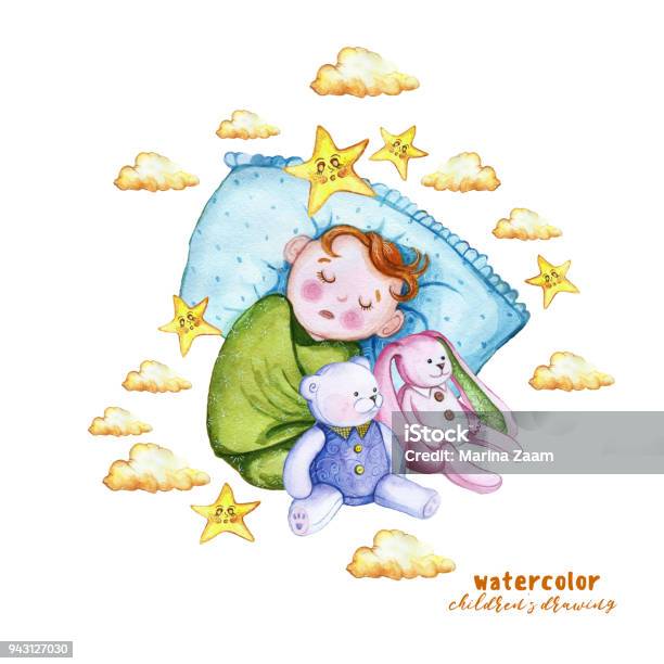 Watercolor Painting Print Childrens Illustration With A Child In The Diaper The Baby Is Sleeping On The Pillow Around The Stars And Clouds Sitting Next To A Soft Toy Bunny And Bear Plush Toy For Decor And Design Childrens Stock Illustration - Download Image Now