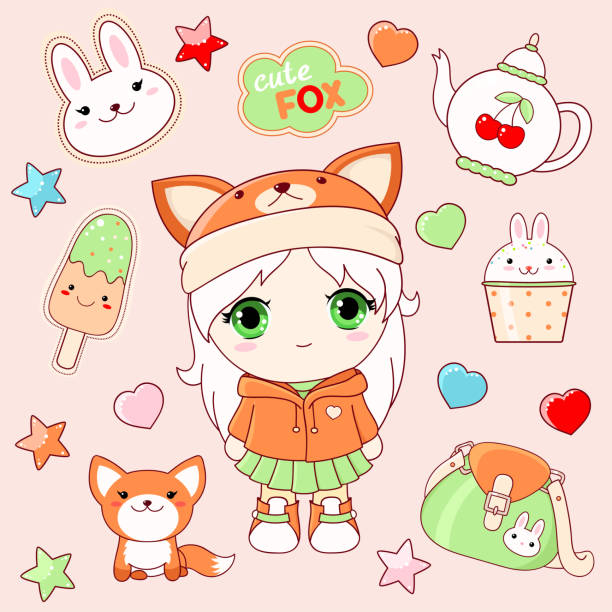 ilustraciones, imágenes clip art, dibujos animados e iconos de stock de conjunto de pegatinas lindos estilo kawaii - princesa de anime