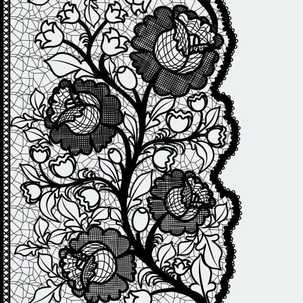 Seamless vertical lace ribbon with unusual floral pattern. Seamless vertical lace ribbon with unusual floral pattern. Suitable for issuing invitations, greeting cards and gift wrapping. Vector illustration. lace black lingerie floral pattern stock illustrations