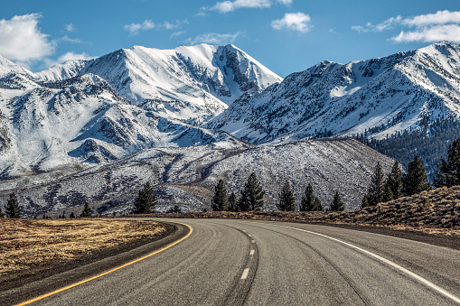 Scenic Highway 395 and the east slope of the Sierra Nevada in Mono County, California. Western United States.