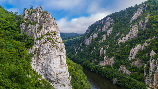 Decebal Head sculpted in rock. Danube Gorges (Danube's Boilers) Romania.