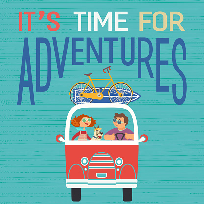 Time for adventure. Dog days of summer poster concept. Young happy travellers trip by van to beach. Family microbus journey. Vacation touring by auto. Cute cartoon. Colorful humor vector illustration