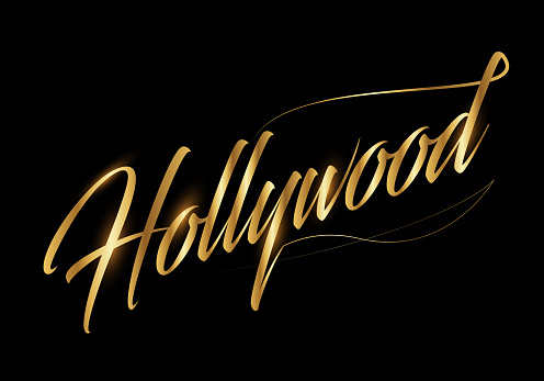 Handwriting calligraphic Hollywood  type on black background. Italic hand script. Fame city.