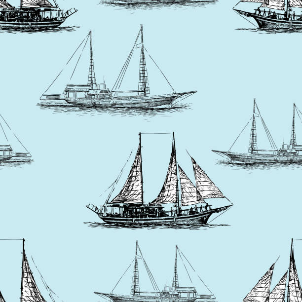 Seamless background of the sailing ships Vector pattern of the sailing yachts in the sea. sailboat mast stock illustrations