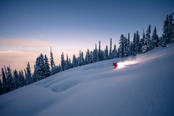 skifahren im pulverschnee  - skiing powder snow flash snow stock-fotos und bilder