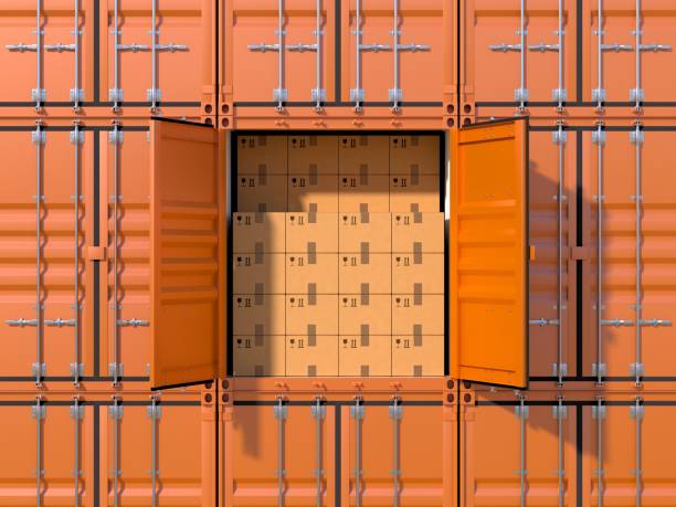 Ship cargo container side view full with cardboard boxes stock photo