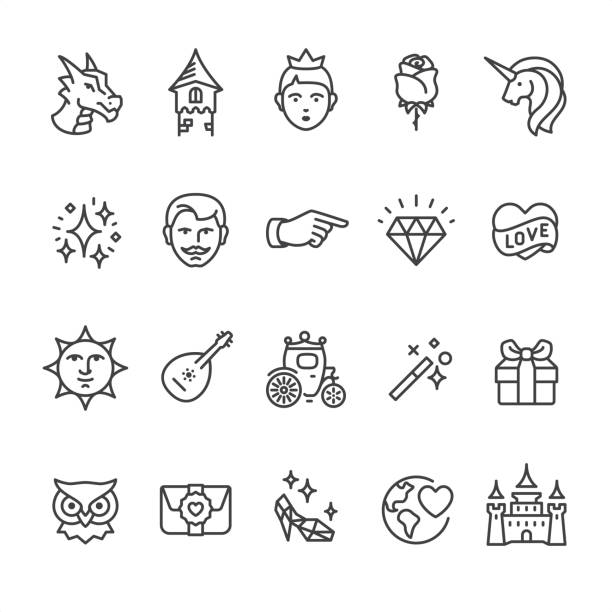 Princess and Fairy Tale - outline vector icons 20 Outline style black and white icons / Set #46
Pixel Perfect Principle - all the icons are designed in 64x64px grid, outline stroke 2px.

CONTENT BY ROWS

First row of icons contains:
Dragon, Tower, Princess, Rose, Unicorn;

Second row contains:
Stardust, Prince Groom, Victorian Hand Pointer, Diamond, Heart and Love;

Third row contains:
Victorian Sun Face, Mandolin and Serenade, Carriage, Magic Wand, Gift box; 

Fourth row contains:
Wise Owl, Love letter, Glass slipper, World peace, Castle.

Complete Unico PRO collection - https://www.istockphoto.com/collaboration/boards/dB-NuEl7GUGbQYmVq9IlDg prince royal person stock illustrations
