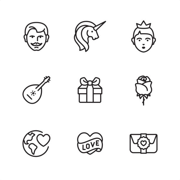 Romance and Love - Pixel Perfect outline icons Romance and Love theme related outline vector icon set.

CONTENT BY ROWS

First row of icons contains:
Prince bridegroom, Unicorn, Princess;

Second row contains:
Mandolin and Serenade, Gift box, Rose flower;   

Third row contains:
World Peace, Heart and Love,  Love lette.

9 Outline style black and white icons / Set #10
Pixel Perfect Principle - all the icons are designed in 64x64 px grid, outline stroke 2 px.

Complete Outline 3x3 PRO collection - https://www.istockphoto.com/collaboration/boards/hyo8kGplAEWxASfzDWET0Q tattoo icons stock illustrations