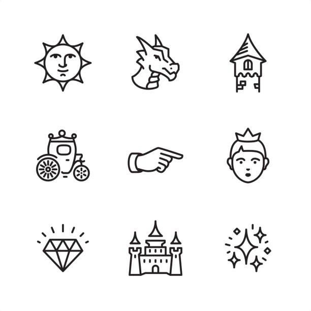 Fairy Tale - Pixel Perfect outline icons Fairy Tale theme related outline vector icon set.

9 Outline style black and white icons / Set #09

CONTENT BY ROWS

First row of icons contains:
Victorian Sun Face, Dragon, Tower;

Second row contains:
Carriage, Victorian Hand Pointer, Princess; 

Third row contains:
Diamond, Castle, Enchantment stardust.


Pixel Perfect Principle - all the icons are designed in 64x64 px grid, outline stroke 2 px.

Complete Outline 3x3 PRO collection - https://www.istockphoto.com/collaboration/boards/hyo8kGplAEWxASfzDWET0Q tattoo icons stock illustrations