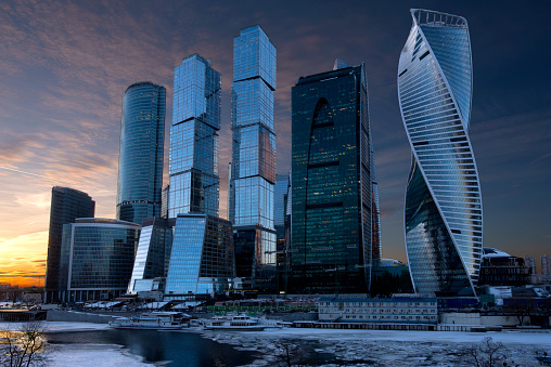 Moscow skyscrapers at sunset.