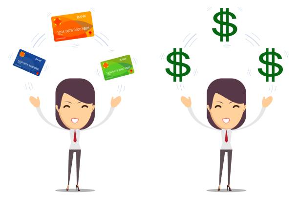 closeup portrait lächelnde frau mit kreditkarten und bargeld auf einem weißen hintergrund isoliert - credit card customer choice decisions stock-grafiken, -clipart, -cartoons und -symbole