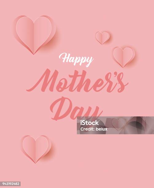 Celebration Card For Mothers Day Design With Pink Background And Hearts Made Of Paper Happy Mothers Day Handwritten Stock Illustration - Download Image Now