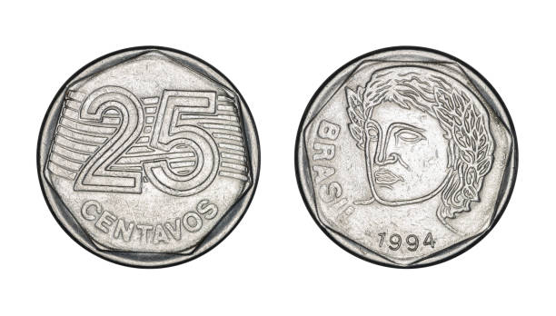 istock Twenty five cents brazilian real coin, front and back faces - Old Coins From Brazil 943194504