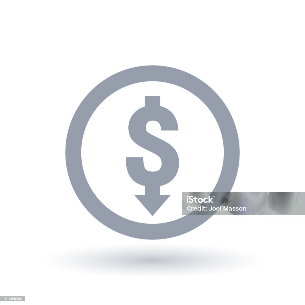 Dollar with arrow down concept icon. Investment loss symbol. Dollar with arrow down concept icon in circle outline. Investment loss symbol. Economic recession sign. Vector illustration. Expense stock vector