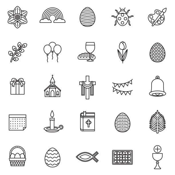 ilustrações, clipart, desenhos animados e ícones de páscoa fina linha icon set - bread food basket sweet bun