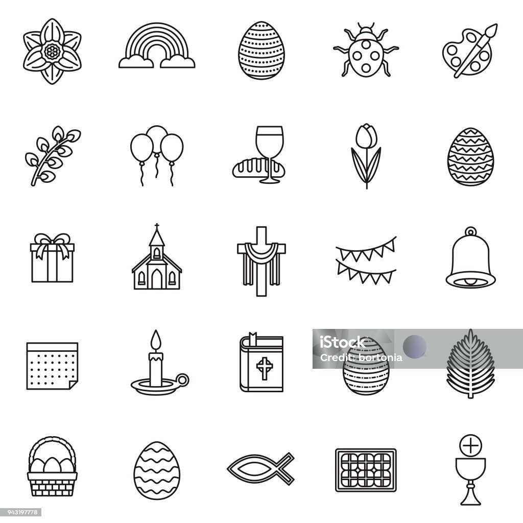 Easter Thin Line Icon Set A set of 25 thin line icons in a contemporary style. The vector EPS file is built in the CMYK color space for optimal printing. Line Art stock vector