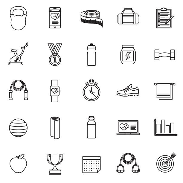 fitness-dünne linie-icon-set - computer icon symbol water bottle icon set stock-grafiken, -clipart, -cartoons und -symbole