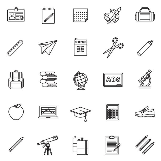 ilustraciones, imágenes clip art, dibujos animados e iconos de stock de conjunto de iconos de delgada línea de suministros de escuela - textbook book apple school supplies