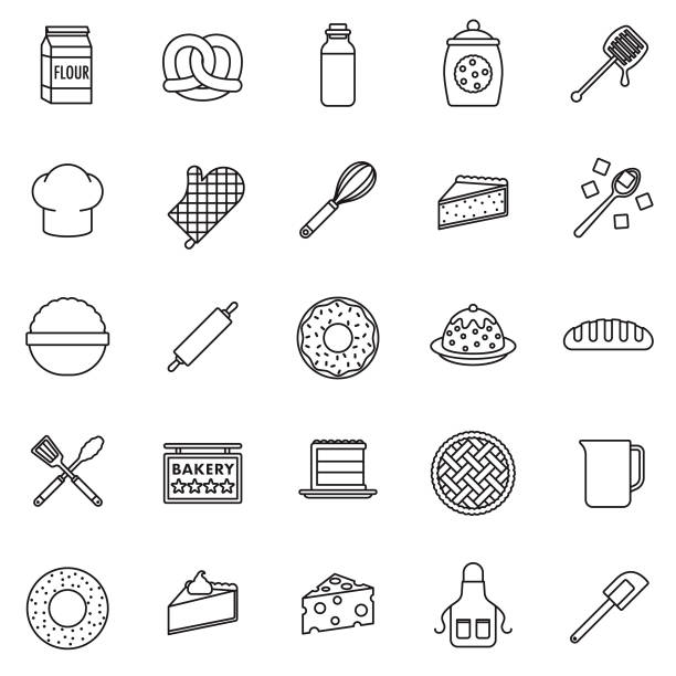 ilustrações, clipart, desenhos animados e ícones de conjunto de ícones de linha fina de cozimento - bakery baking store food