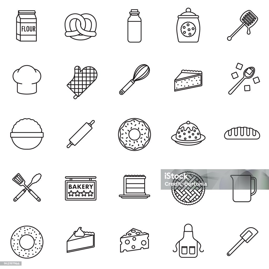 Baking Thin Line Icon Set A set of 25 thin line icons in a contemporary style. The vector EPS file is built in the CMYK color space for optimal printing. Icon Symbol stock vector