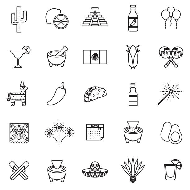Cinco de Mayo Thin Line Icon Set A set of 25 thin line icons in a contemporary style. The vector EPS file is built in the CMYK color space for optimal printing. mexican food stock illustrations