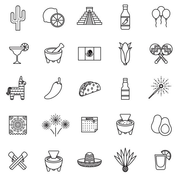 Cinco de Mayo Thin Line Icon Set A set of 25 thin line icons in a contemporary style. The vector EPS file is built in the CMYK color space for optimal printing. sombrero stock illustrations