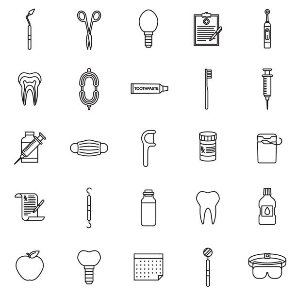 ilustrações de stock, clip art, desenhos animados e ícones de dentist thin line icon set - toothbrush