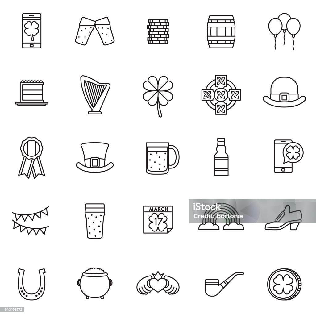 St. Patrick's Day Thin Line Icon Set A set of 25 thin line icons in a contemporary style. The vector EPS file is built in the CMYK color space for optimal printing. Icon Symbol stock vector