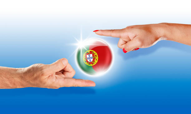 Portugal button portuguese flag pointing with human hands