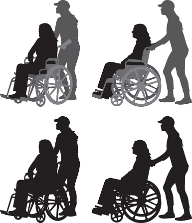 Vector silhouettes of a young woman pushing an old woman in a wheelchair.
