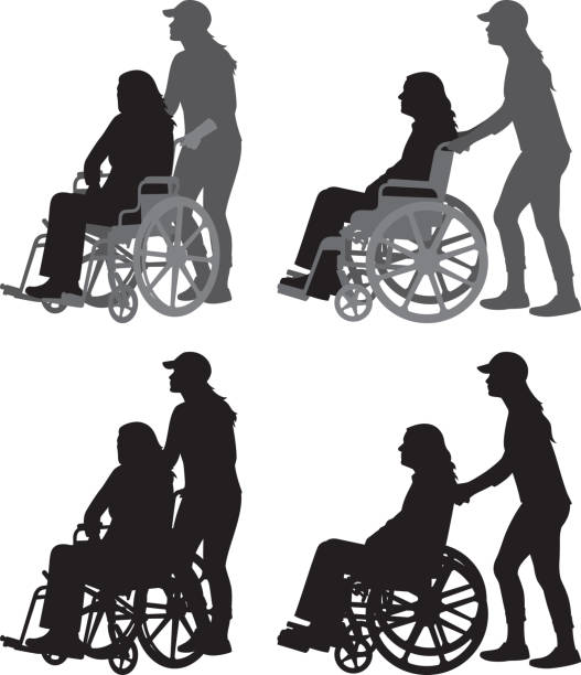 Young Woman Pushing Old Woman in Wheelchair Silhouettes Vector silhouettes of a young woman pushing an old woman in a wheelchair. nurse silhouettes stock illustrations