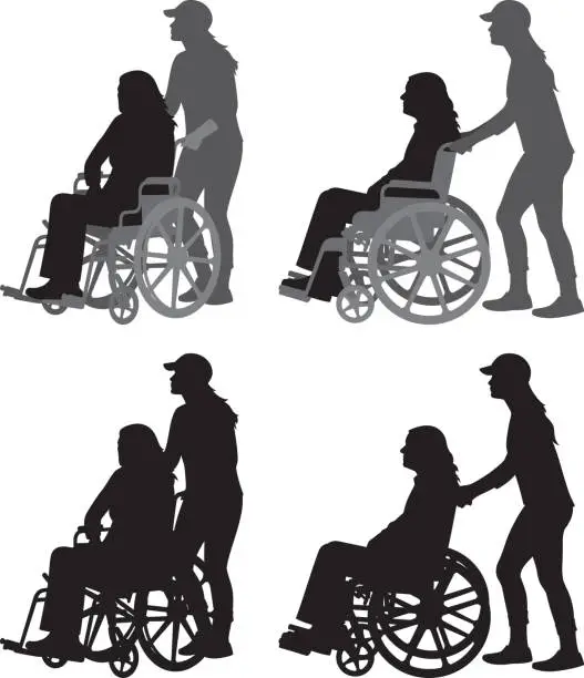 Vector illustration of Young Woman Pushing Old Woman in Wheelchair Silhouettes